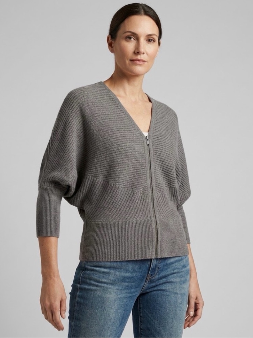 Eileen‎ Fisher Cardigan L 100% Wool Full Zip Gray Ribbed Dolman Knit Sweater